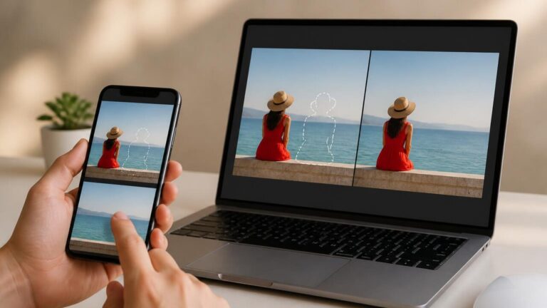 Editor de fotos em tela de smartphone mostrando remoção de objeto com resultado limpo