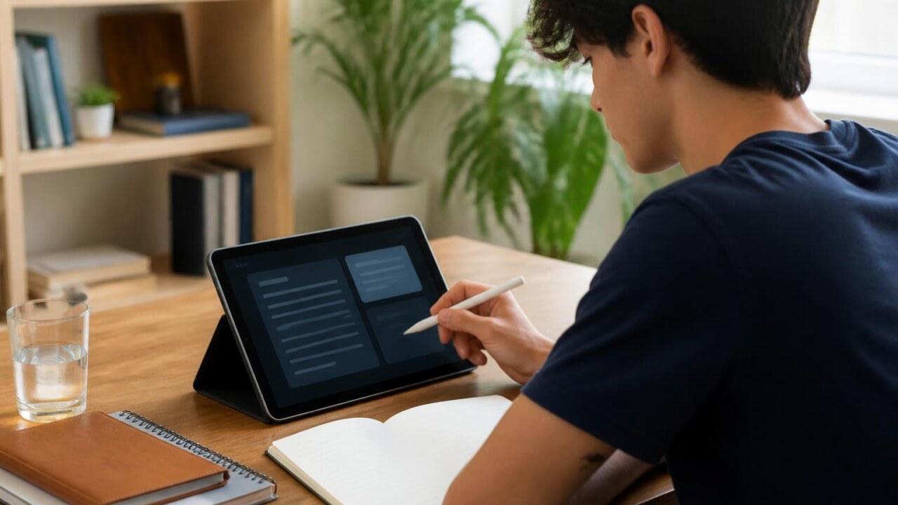 Estudante usando tablet com aplicativos de revisão escolar em mesa organizada, cadernos e caneta ao lado.