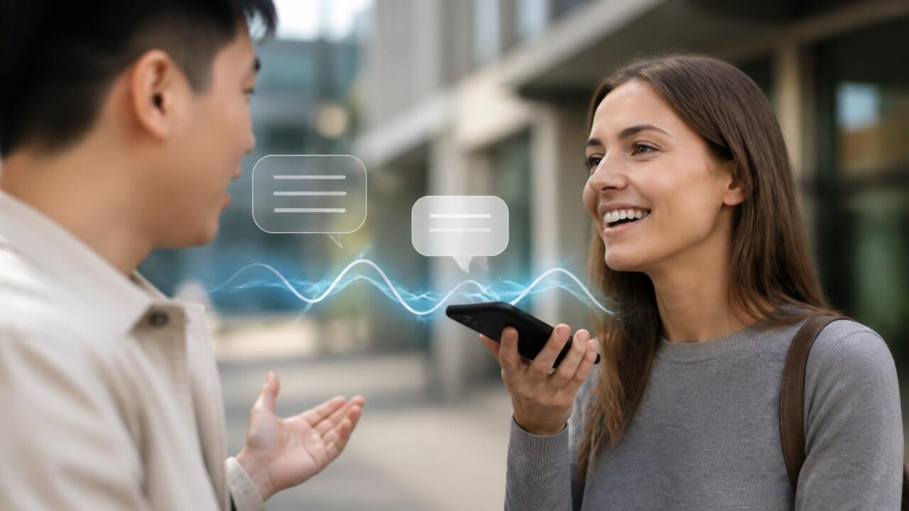 Pessoa usando smartphone com áudio e ícones de tradução em tempo real sobrepostos