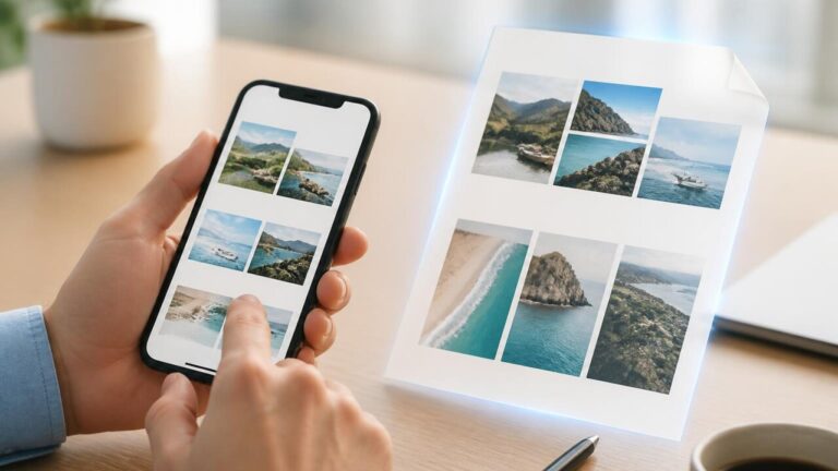 Pessoa usando um smartphone para transformar fotos em um arquivo PDF, com ícones de imagens e um documento PDF ao fundo.