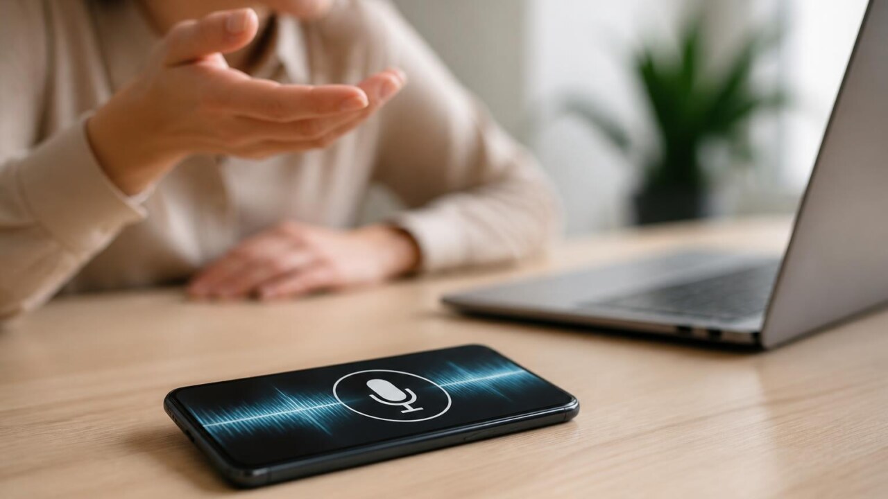 Pessoa usando smartphone com onda sonora na tela e microfone visível em ambiente de escritório
