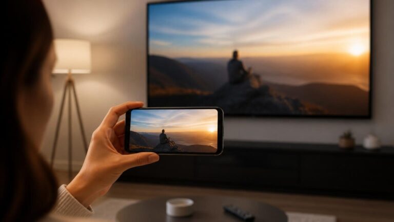 Pessoa segurando smartphone e mostrando conteúdo sendo transmitido para uma televisão moderna na sala