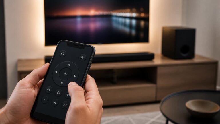 Smartphone sendo usado como controle remoto para TV smart em ambiente moderno
