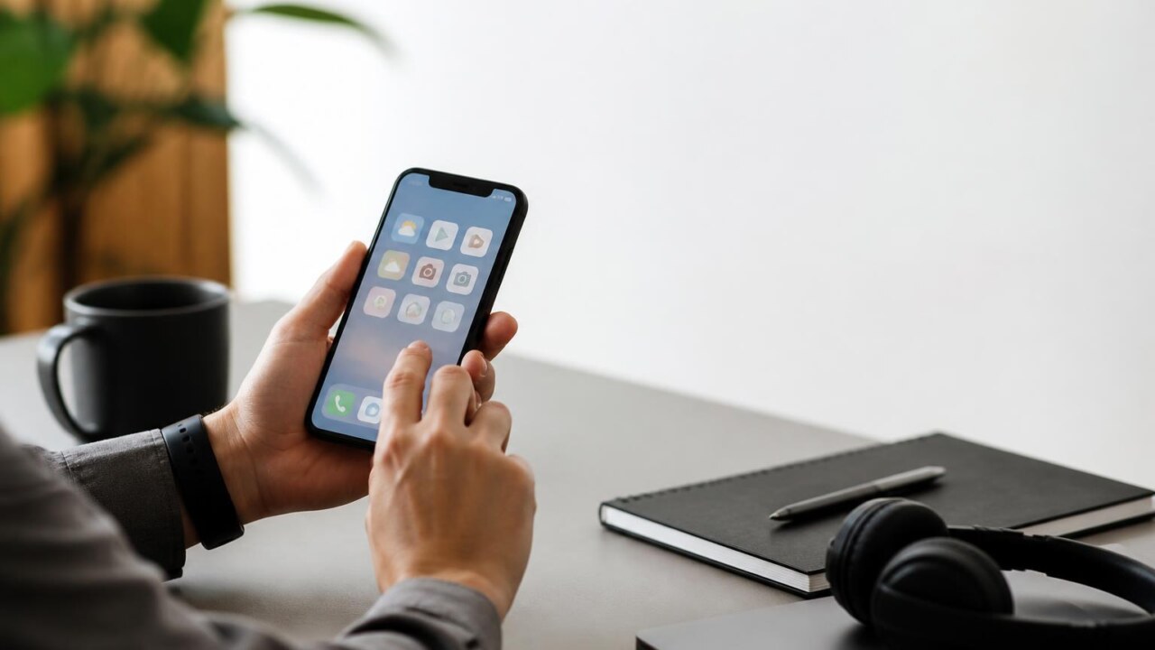 Pessoa usando um smartphone em uma mesa com bloco de notas e fone de ouvido, representando aplicativos úteis e pouco conhecidos.