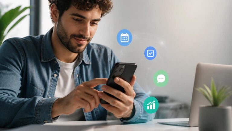 Pessoa usando smartphone com ícones de aplicativos ao redor, representando organização e produtividade digital.