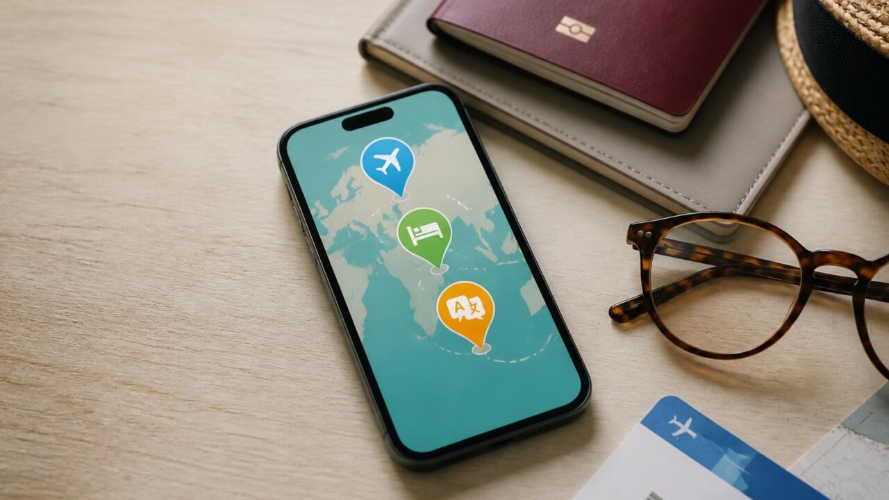 Pessoa segurando smartphone com mapas e ícones de viagem sobre mesa com passaporte e óculos