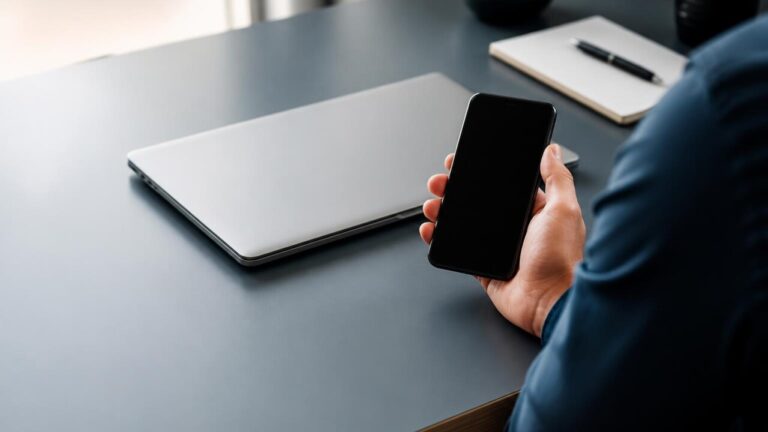 Profissional usando smartphone para trabalho com ícones de produtividade ao fundo