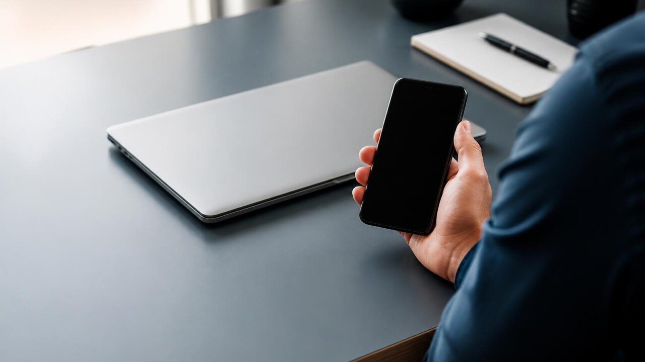 Profissional usando smartphone para trabalho com ícones de produtividade ao fundo