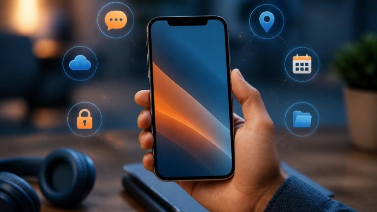 Pessoa usando smartphone com vários ícones de aplicativos flutuando ao redor, representando categorias essenciais