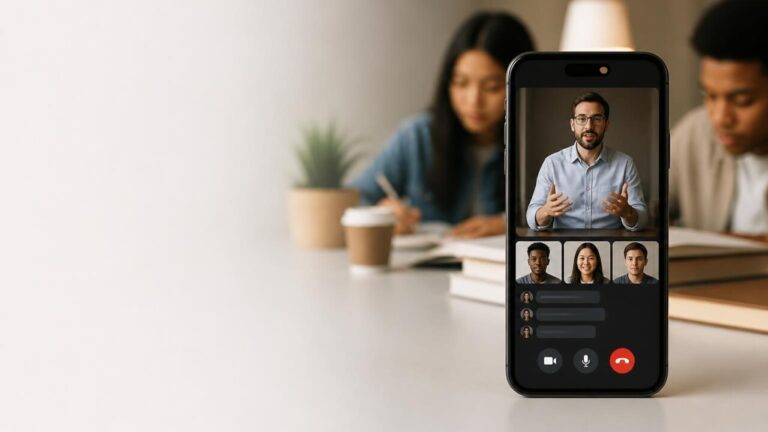 Smartphone exibindo interface de aula online com participantes e chat em fundo limpo.