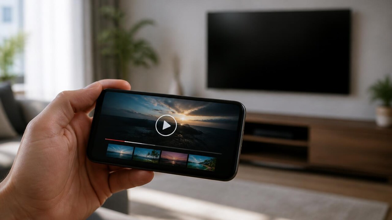 Pessoa segurando um smartphone exibindo uma tela de reprodução de vídeo, com ícones de play e barras de progresso em fundo desfocado.