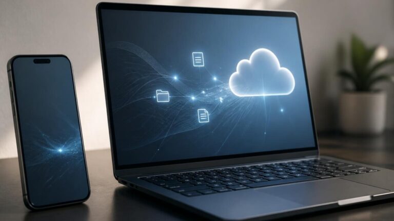 Smartphone ao lado de um laptop com tela mostrando ícones de sincronização e conexão por cabo e Wi‑Fi