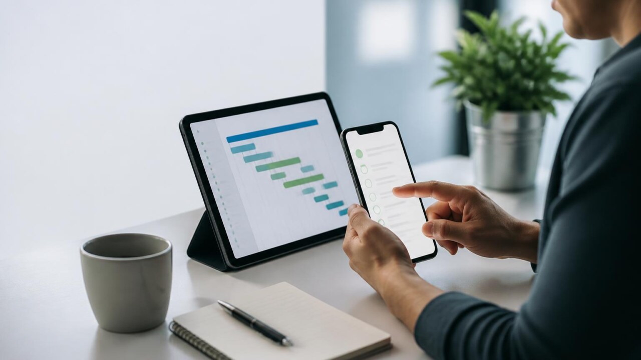 Pessoa usando smartphone e tablet com gráficos de tempo e agenda em uma mesa moderna