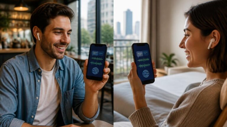 Pessoa usando smartphone para conversar em diferentes idiomas, com interface de tradução visível na tela.