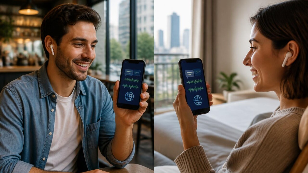 Pessoa usando smartphone para conversar em diferentes idiomas, com interface de tradução visível na tela.