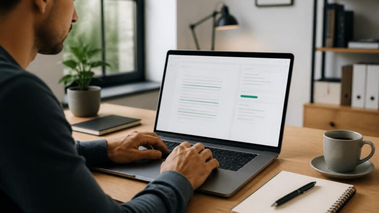 Pessoa revisando texto em laptop com aplicativo de correção aberto na tela