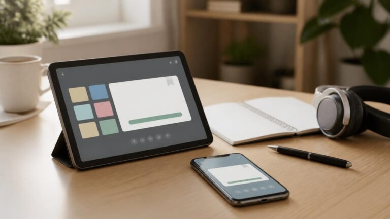 Mesa moderna com smartphone exibindo interface genérica de aplicativo de cartões de memorização, ao lado de caderno e caneca.