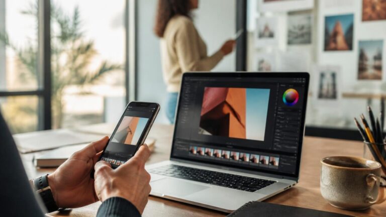 Pessoa trabalhando em smartphone e laptop editando conteúdo para redes sociais em um ambiente moderno.