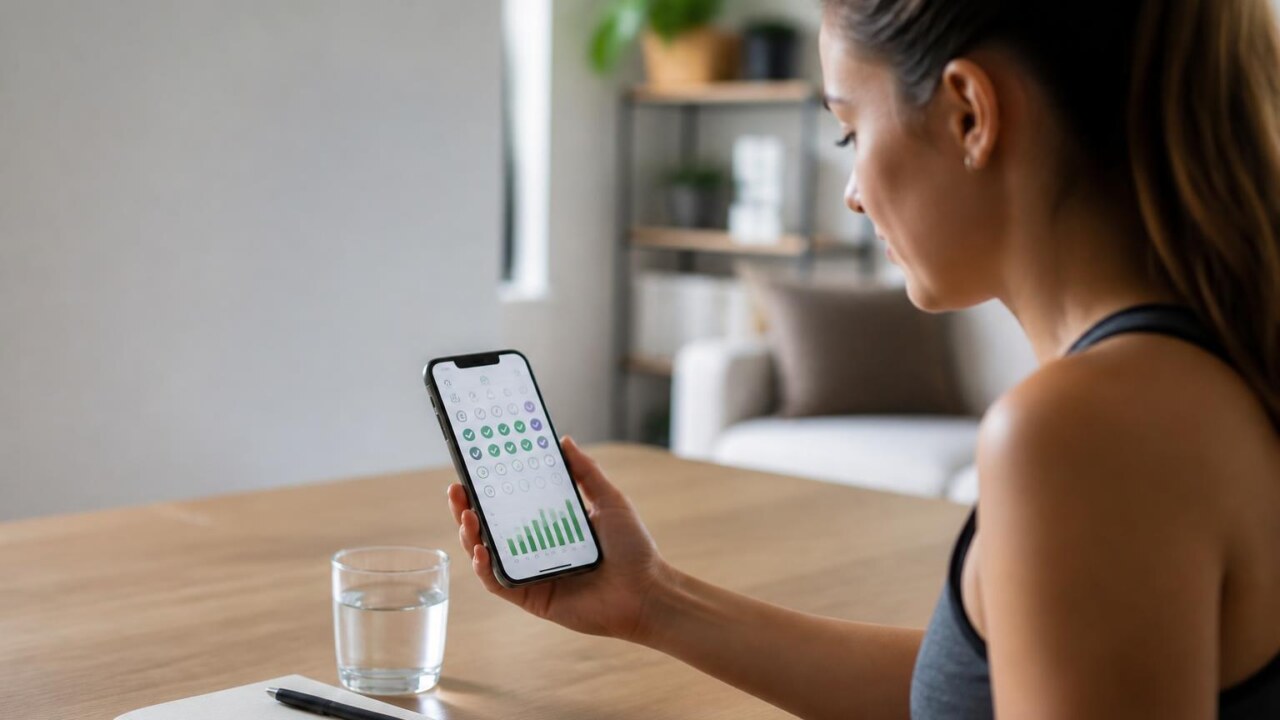Pessoa usando um aplicativo de hábitos no celular enquanto toma água, com interface de acompanhamento ao fundo.