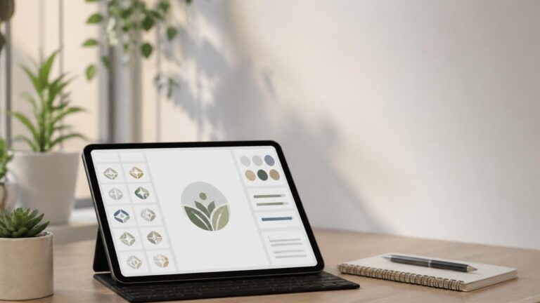 Pessoa usando um tablet para criar um logotipo com modelos e paletas de cores visíveis na tela