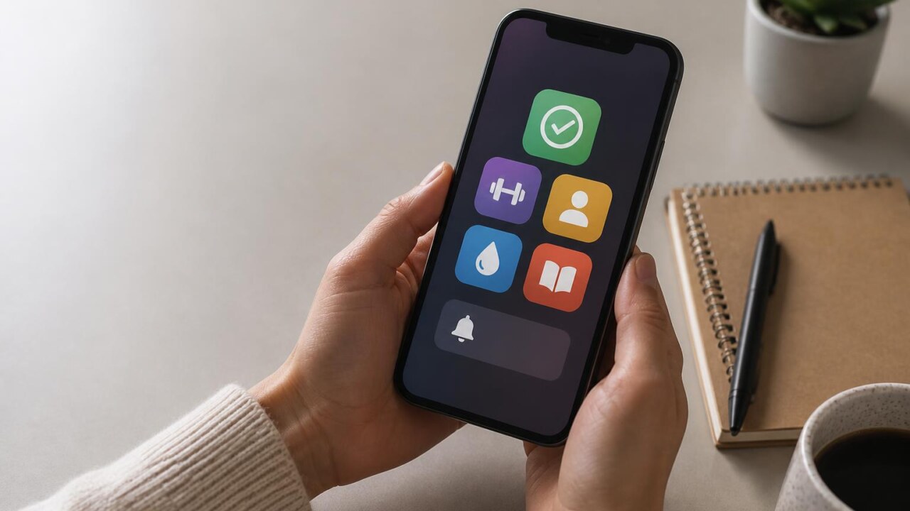 Pessoa consultando um aplicativo de hábitos em um smartphone sobre uma mesa organizada.