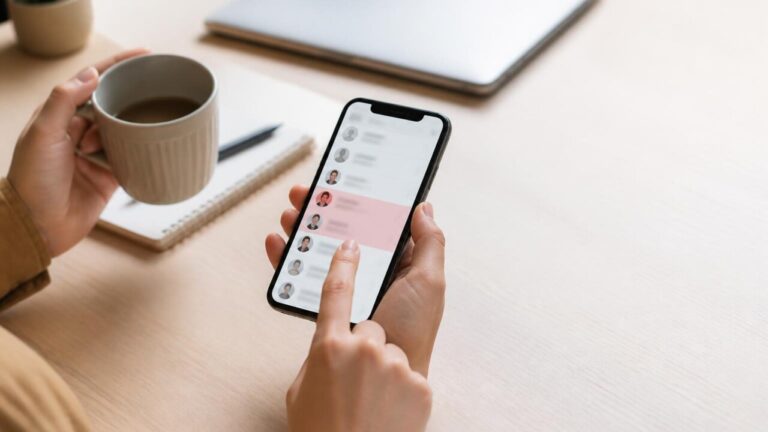 Smartphone exibindo lista de contatos com entradas duplicadas destacadas e mãos interagindo com a tela