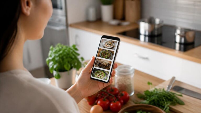 Pessoa usando um aplicativo de receitas no celular em uma cozinha clara, com uma receita simples aberta na tela e ingredientes ao fundo.