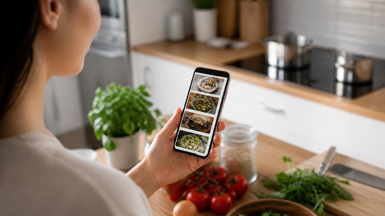 Pessoa usando um aplicativo de receitas no celular em uma cozinha clara, com uma receita simples aberta na tela e ingredientes ao fundo.