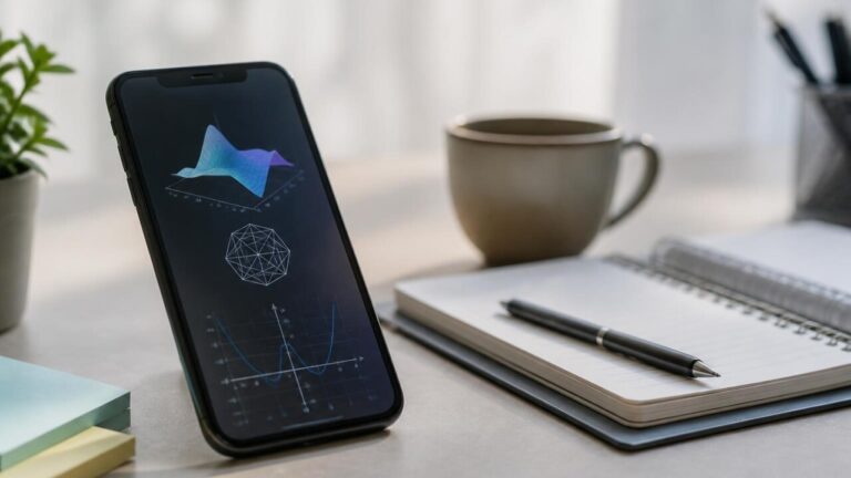 Smartphone com interface de estudo matemático exibindo gráficos e fórmulas, em ambiente de estudo moderno.