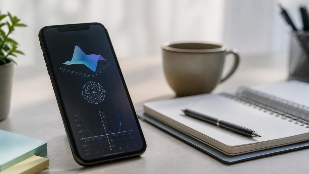 Smartphone com interface de estudo matemático exibindo gráficos e fórmulas, em ambiente de estudo moderno.