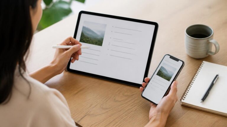 Pessoa usando um tablet e um smartphone com notas digitais visíveis em uma mesa organizada