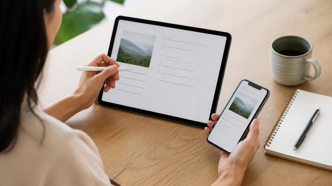 Pessoa usando um tablet e um smartphone com notas digitais visíveis em uma mesa organizada