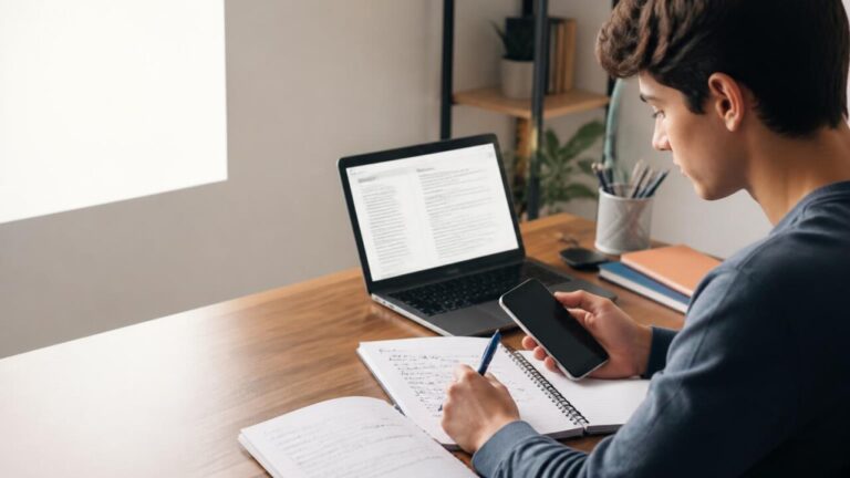 Pessoa estudando com smartphone e anotações, representando uso de aplicativo para resumir matérias