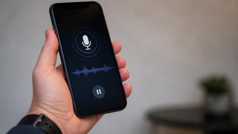 Celular em mãos exibindo gravação de tela com ícones de captura e controle de áudio