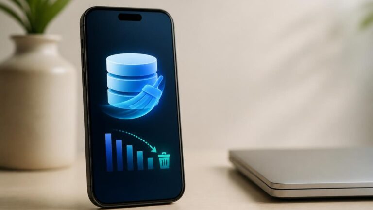 Smartphone com ícones de limpeza e armazenamento sendo liberado em fundo moderno