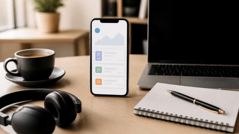 Mesa de trabalho com smartphone exibindo app de produtividade, notebook, fone de ouvido e uma xícara de café.