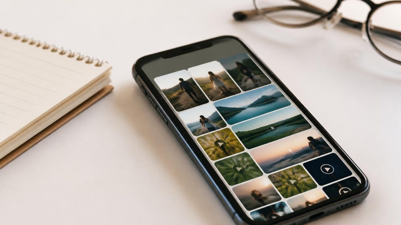 Smartphone exibindo galeria organizada com álbuns e miniaturas de fotos e vídeos sobre mesa clara