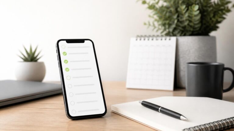 Mesa com smartphone exibindo lista de tarefas, caneta e calendário ao lado em ambiente de trabalho moderno