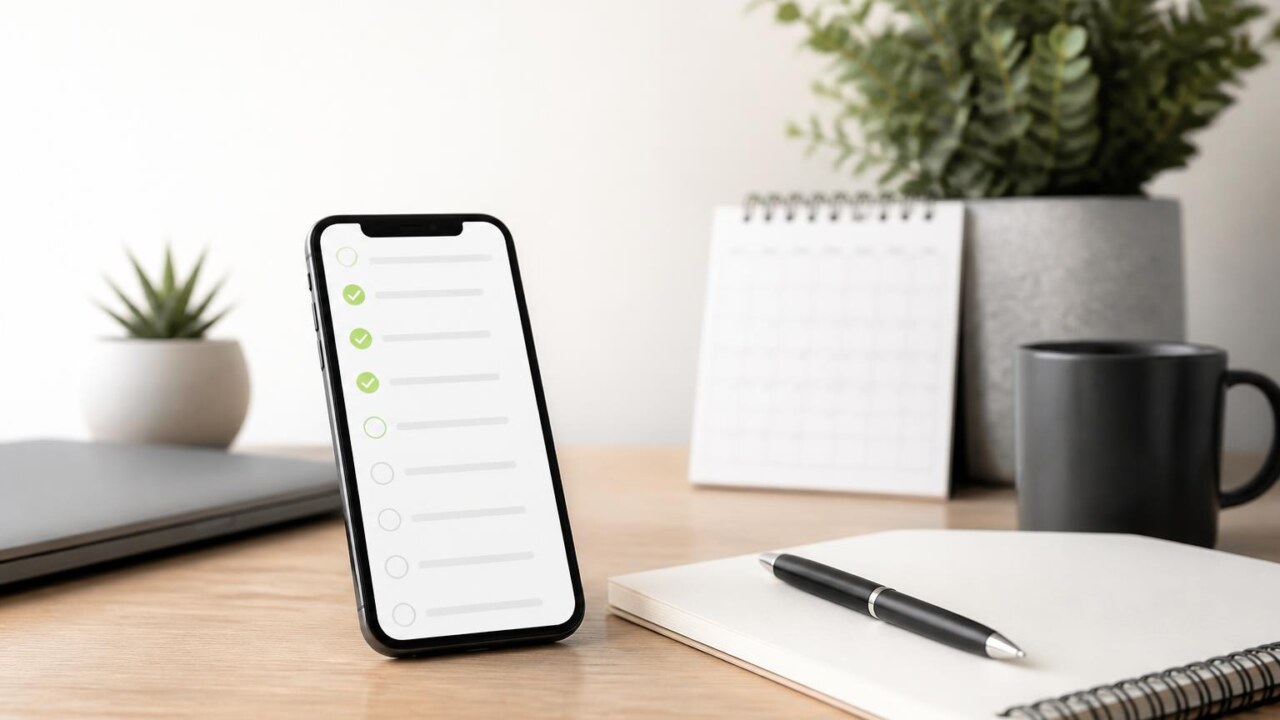 Mesa com smartphone exibindo lista de tarefas, caneta e calendário ao lado em ambiente de trabalho moderno