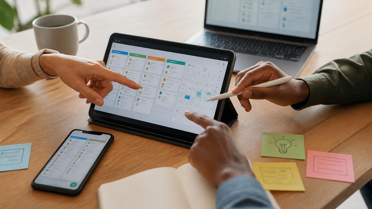 Mesa de trabalho moderna com smartphone e tablet exibindo interfaces de organização, notas adesivas e calendário ao lado.