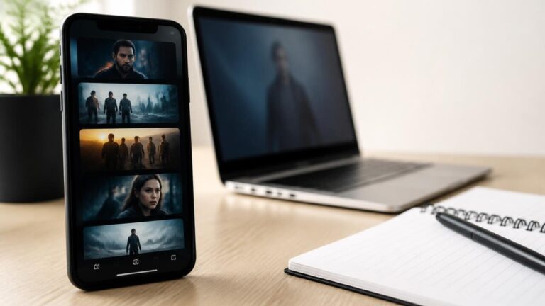 Pessoa usando um aplicativo de organização de séries em um smartphone sobre uma mesa com notas e um laptop ao fundo