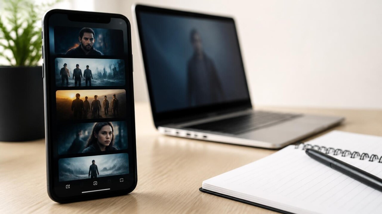 Pessoa usando um aplicativo de organização de séries em um smartphone sobre uma mesa com notas e um laptop ao fundo