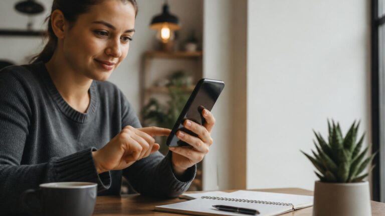 Pessoa usando smartphone para praticar inglês, com tela mostrando exercícios de áudio e vocabulário.