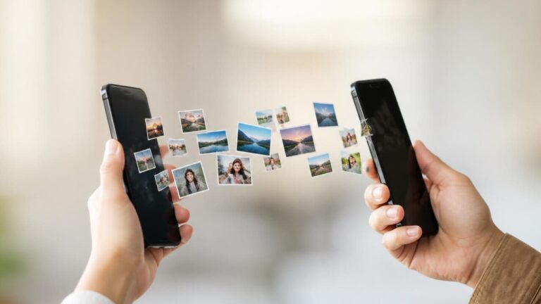 Dois smartphones trocando fotos por transferência sem fio, com miniaturas de imagens flutuando entre eles.