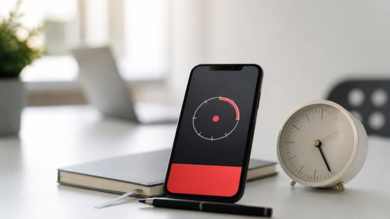 Mesa de trabalho limpa com smartphone exibindo um timer e um relógio, simbolizando apps para a técnica Pomodoro.