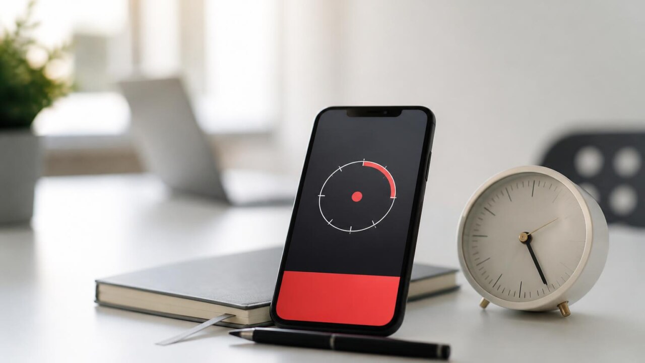 Mesa de trabalho limpa com smartphone exibindo um timer e um relógio, simbolizando apps para a técnica Pomodoro.
