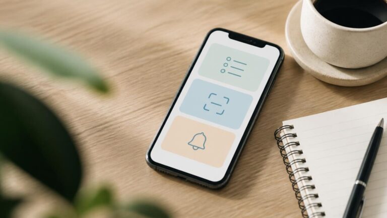 Smartphone sobre mesa com ícones simples de tarefas, lista de compras e scanner.