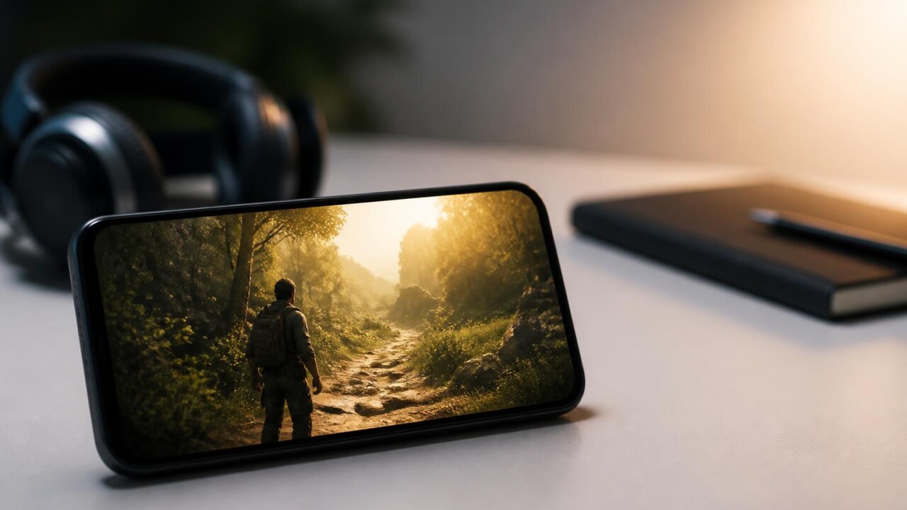Smartphone exibindo cena de jogo de aventura com floresta e personagem em destaque, estilo editorial moderno.