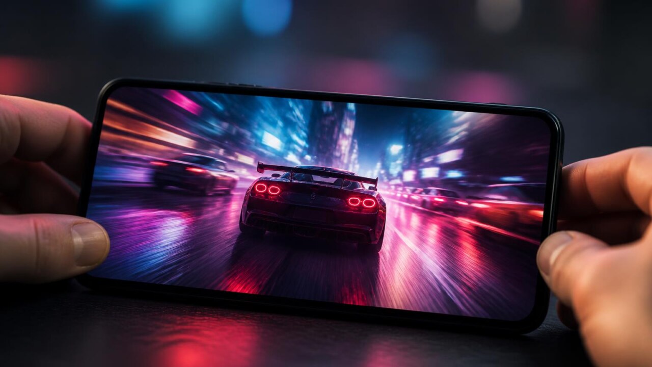 Smartphone exibindo um jogo de corrida em alta velocidade com efeitos de movimento e um volante virtual na tela