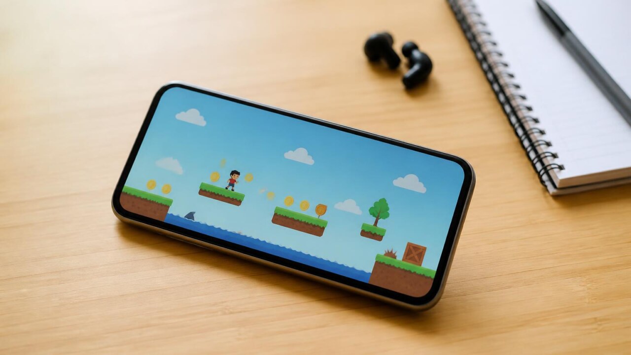 Smartphone mostrando uma tela de jogo simples em 2D com ícones de menu e espaço livre de armazenamento visível na interface.